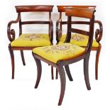 Two 19thC mahogany carver chairs, each with shaped cresting rails and horizontal splats, drop in