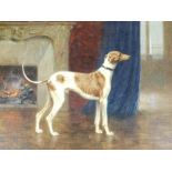 •Georges Frederic Rotig (1873-1961). Greyhound, in a interior setting before open fire, oil on