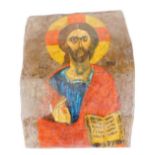 A Middle Eastern icon panel, showing Christ holding book marked Occo THP oil on board, 36cm x 27cm.