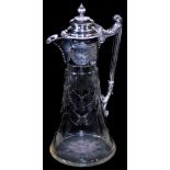 A Victorian style silver plated claret jug, of trumpet shaped form with a repeat cut glass floral
