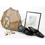 A pair of late Victorian child's boots, in black leather and a parasol with folding stem, when