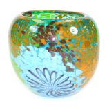 A vintage Art glass vase, of circular form, spot decorated predominately in orange and green on a