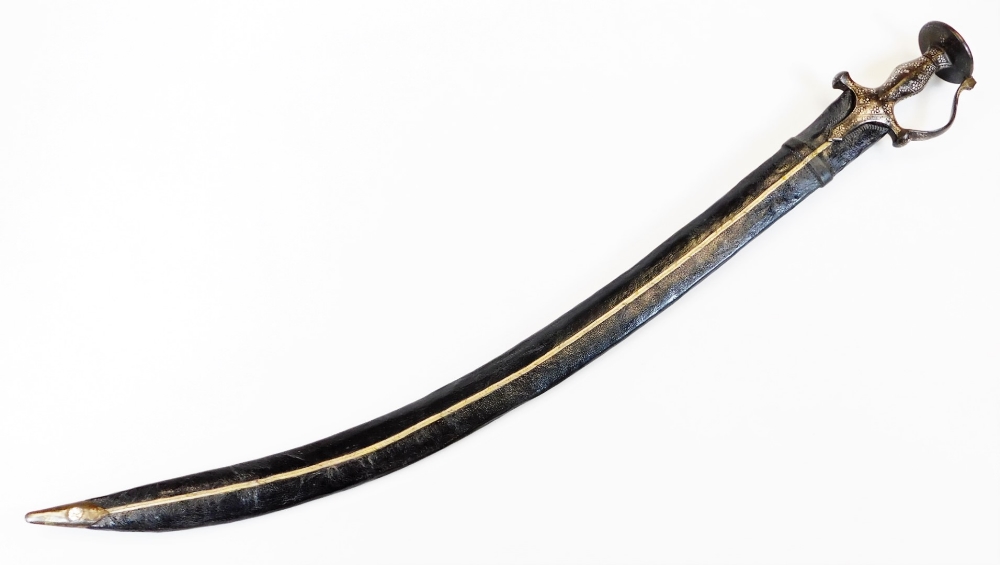 An Indian Tulwar sword, with plain curved blade, shaped ear handle, shaped grip and compressed - Image 5 of 5