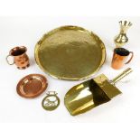 Various cooper and brass ware, early 20thC brass tray, 40cm diameter, scoop, vase, copper cup,