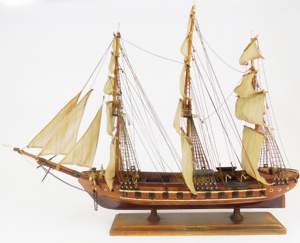 A 20thC model of the Fragata Siglo X1X, with realistic deck and rigging on a wooden plinth base,
