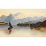 K A Johnson (19thC School). Figure in a boat on a lake before mountains, watercolour, signed, 26cm x