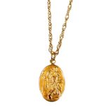 A 9ct gold St. Christopher pendant, 2cm high, 3g, attached to an unmarked slender link necklace.