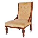 An Edwardian walnut open chair, with button back and shaped seat with fluted sides and turned