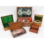 A vintage Brexton picnic hamper, 49cm wide, a leather travel case, walnut jewellery box, further