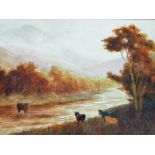 19thC English School. Manner of De Wint, Twilight Evening Cattle In Stream, watercolour, unsigned,
