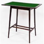 An early 20thC mahogany stained games table, with fold over baize top on square tapering legs joined