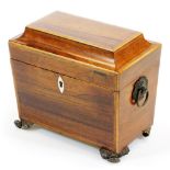 A Regency rosewood tea caddy, of rectangular form with ivory escutcheon, part fitted interior, heavy