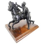 A 20thC cast metal figure of horse and groom, on mahogany base, unmarked, 24cm wide.