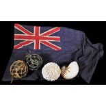 Various shells, a shell orb, glass casts 13cm diameter, naval linen ensign flag, etc. (a quantity)