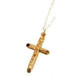 A slender necklace, marked 9ct, attached to a marked cross pendant, 3cm high.