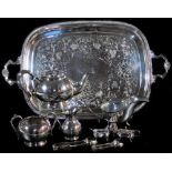 Various silver plated ware, an oval tea tray with shaped shell capped handles, 61cm wide, large