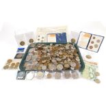 Various GB and world used coins, to include silver 3d bits, various Churchill and other