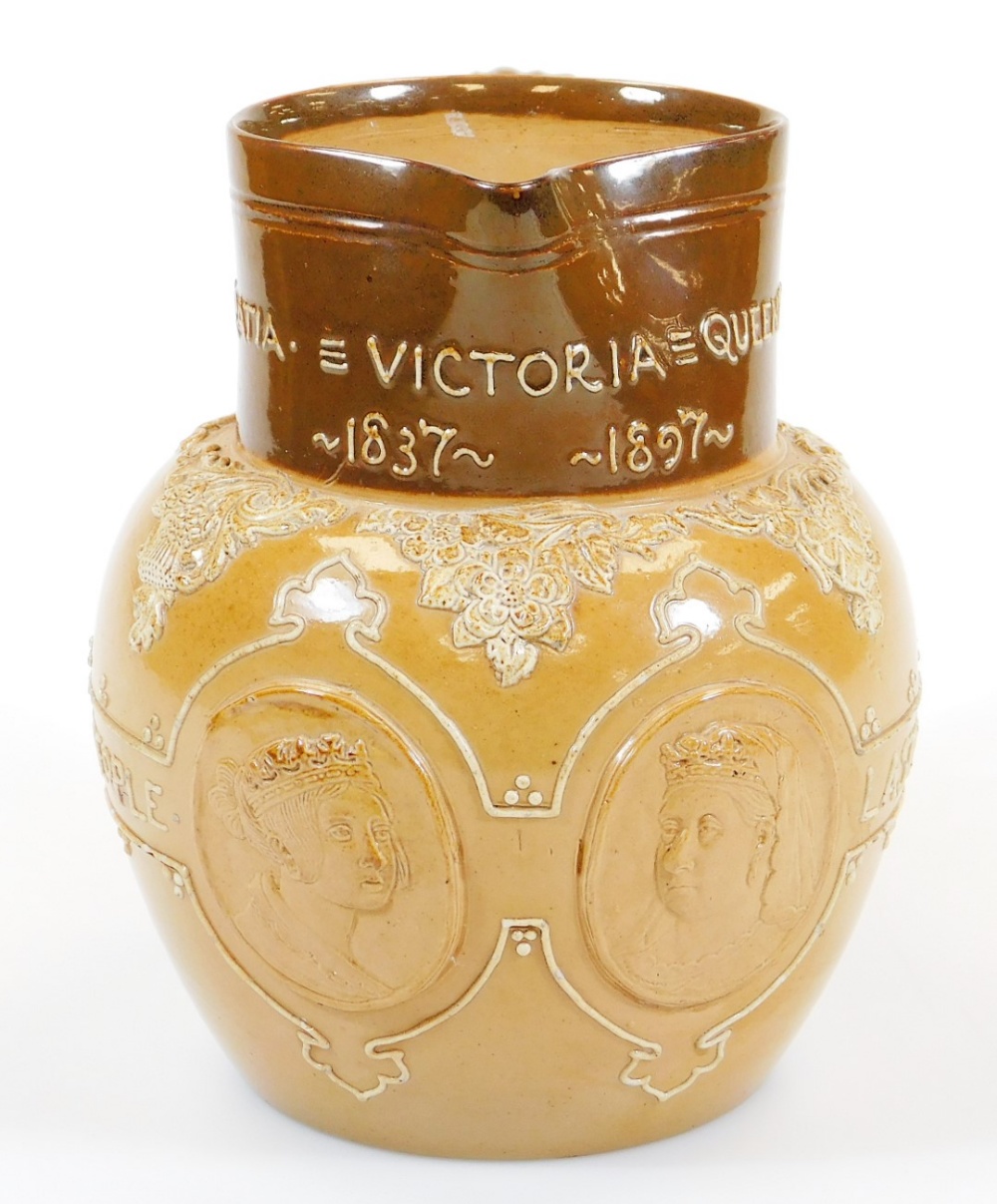 A Royal Doulton Queen Victoria Jubilee stoneware jug, in two colours raised with medallions of the - Image 2 of 5