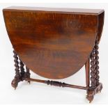 A late 19thC oak gate leg Sutherland table, the D end top raised on barley twist legs terminating in