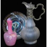 A frosted glass claret jug, with plated mount, 28cm high, an early 20thC pink and clear glass