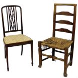 A 19thC ash and elm rush seated chair, with ladder back, turned front legs, joined by a turned