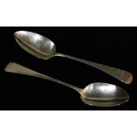 A pair of Victorian silver tablespoons, old English pattern, with plain bowls, London 1837, 27cm