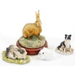 A Border Fine Arts figure group collie, 8cm high, hare, John Beswick Contentment figure group,