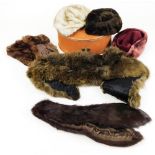 A vintage ladies travelling vanity case, 34cm wide, various fur, faux and other hats, etc. (a