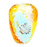 A vintage Art glass vase, of shaped oval form, spot painted in blue, yellow, orange, pink, etc.,