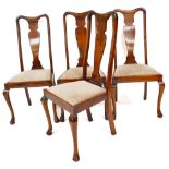 A set of four early 20thC Queen Anne style dining chairs, each with hourglass splats, drop in