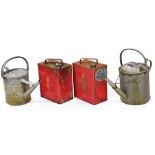 Two vintage fuel cans, of rectangular form with fixed handles painted red with shaped lids, one