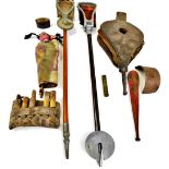 Various bygones, collectables and effects, oak fire bellows, shooting stick, dolls, guards, pouch,