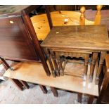 Various furniture, pine, head and footboard, nest of three tables, largest 51cm wide, drop leaf