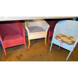 Four various Lloyd Loom tub chairs, in various colours to include blue, etc., 68cm high.