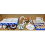 Ceramic horse ornament, cased glassware, miniature fox hunting jug, child's transfer printed plates,
