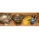 A silver plated punch bowl with cups and ladle, cloisonne style vase, brass candlestick, brass