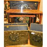 Brassware, newspaper rack, bucket, framed print and a wooden table.