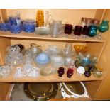 Various decorative glassware, sundae dishes, frosted glass planter, circular brass porthole