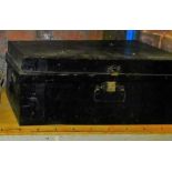 A rectangular tin trunk painted black, 73cm wide.