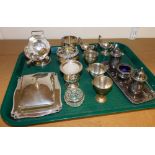 Various silver plated items, to include part cruet sets, flatware, miniature rose bowl, helmet