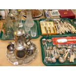 Various glassware, metalware, silver plated ware and effects, small vinaigrette, claret jug,