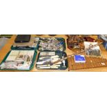 Various treen and effects, a glockenspiel, walking stick set with badges, various flat ware,