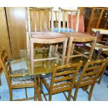 A glass topped dining table and various dining chairs, rope topped stools, occasional chair,