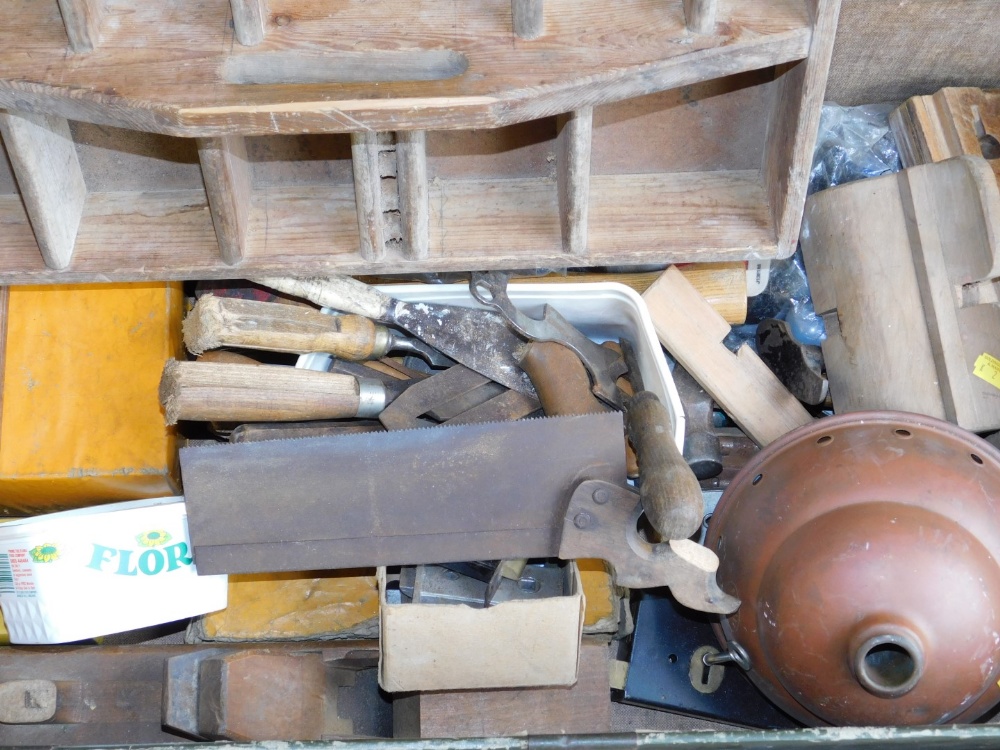 Various tools, drill bits, crank shafts, etc. and a rectangular metal trunk with studded outline, - Image 2 of 3