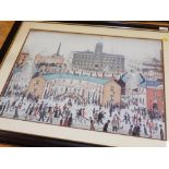 After Lowry. Street scene print, 47cm x 63cm.