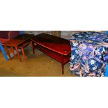 A teak nest of tables, oblong coffee table 40cm high, etc. (a quantity)