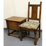 A late 20thC oak sewing box, of rectangular form, with linen fold front, on turned legs joined by