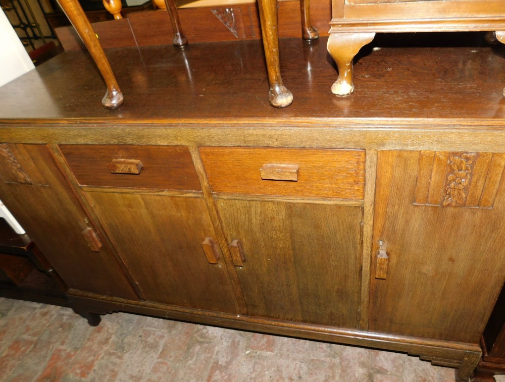 An oak television cabinet, 95cm wide, circular glass top coffee table, pedestal cabinet and a - Image 3 of 3