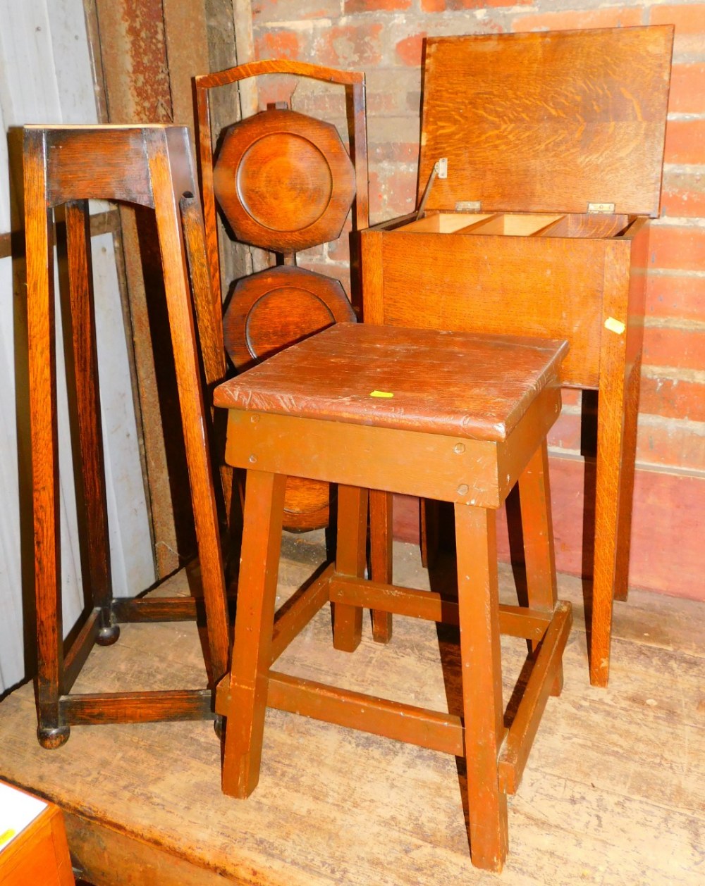 Various oak furniture, three tier cakestand, painted stool, 92cm high, 34cm wide, 32cm deep, plant