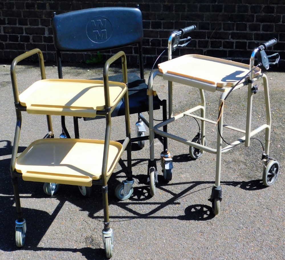 Two mobility walkers and a wheelchair, 91cm high.